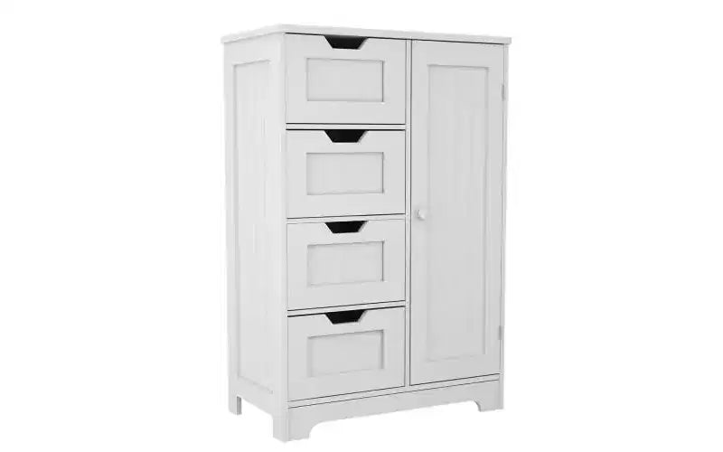 White Freestanding Floor Storage Cabinet, Adjustable Shelves, 4 Drawers, 1 Door for Flexible Home Organizing