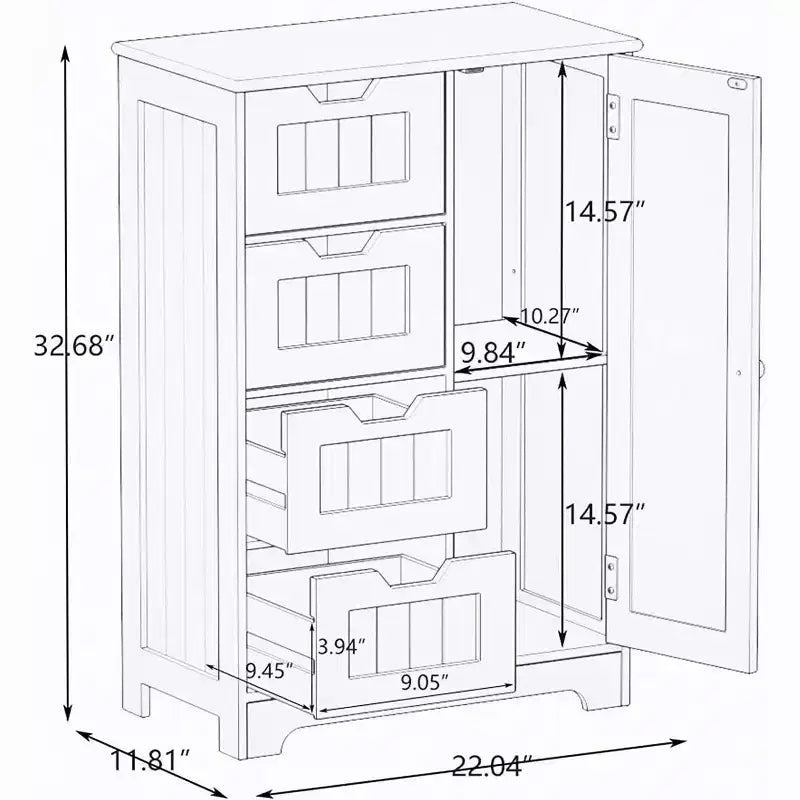 White Freestanding Floor Storage Cabinet, Adjustable Shelves, 4 Drawers, 1 Door for Flexible Home Organizing