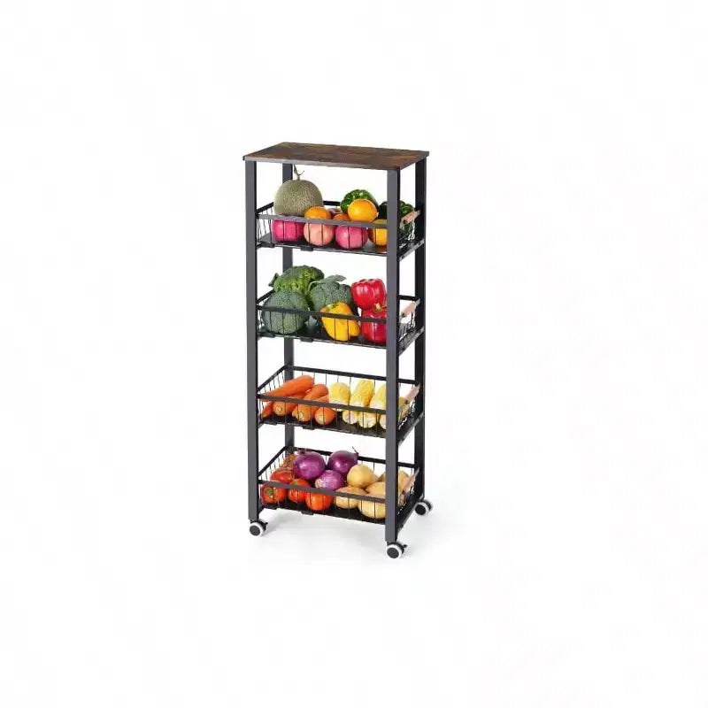 5 - Tier Rolling Fruit Vegetable Storage Cart with Pull - Out Baskets Metal Kitchen Organizer Heavy Duty Utility Rack