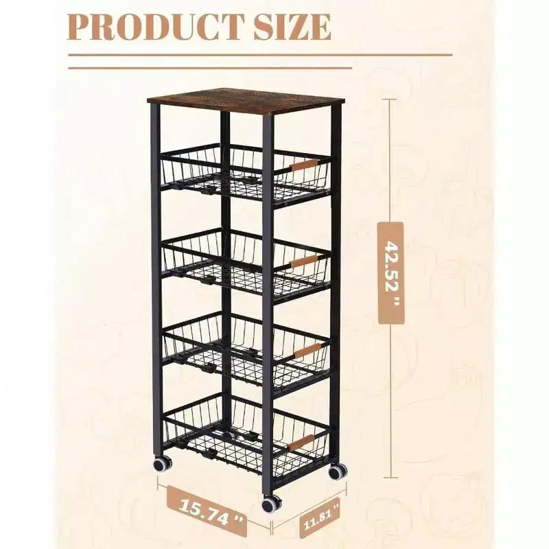 5 - Tier Rolling Fruit Vegetable Storage Cart with Pull - Out Baskets Metal Kitchen Organizer Heavy Duty Utility Rack