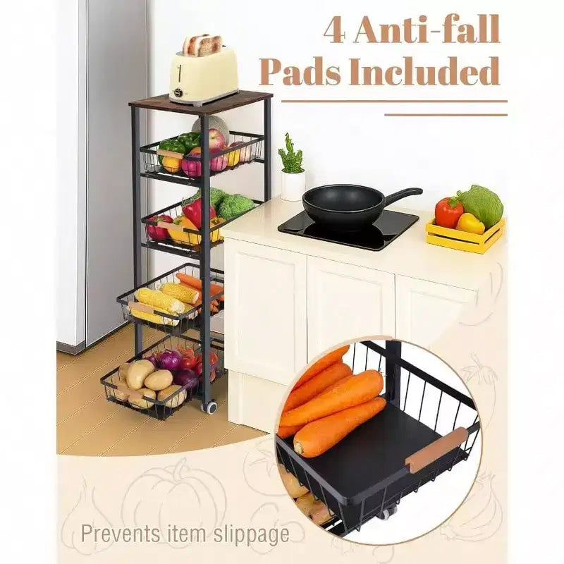 5 - Tier Rolling Fruit Vegetable Storage Cart with Pull - Out Baskets Metal Kitchen Organizer Heavy Duty Utility Rack