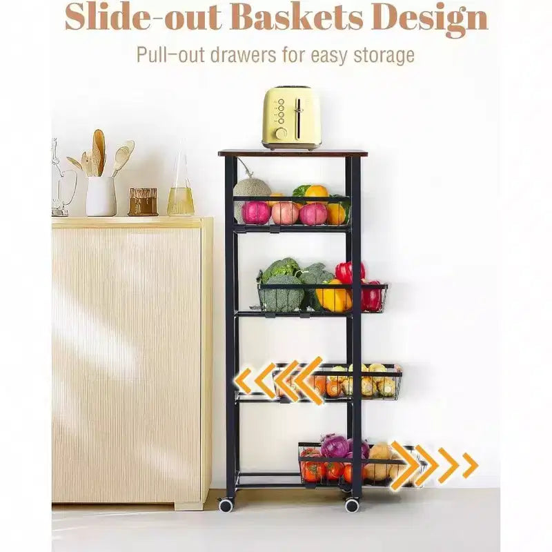 5 - Tier Rolling Fruit Vegetable Storage Cart with Pull - Out Baskets Metal Kitchen Organizer Heavy Duty Utility Rack