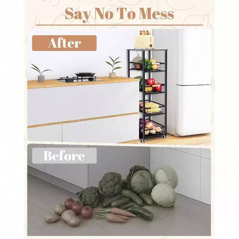 5 - Tier Rolling Fruit Vegetable Storage Cart with Pull - Out Baskets Metal Kitchen Organizer Heavy Duty Utility Rack