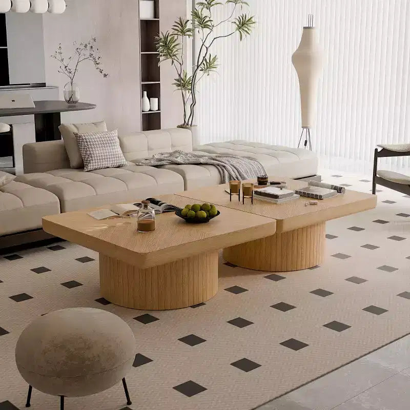 34.6" Modern Square Coffee Table with Pedestal Base, Wood Veneer Top, Sleek Minimalist Center Table for Living Room or Apartment