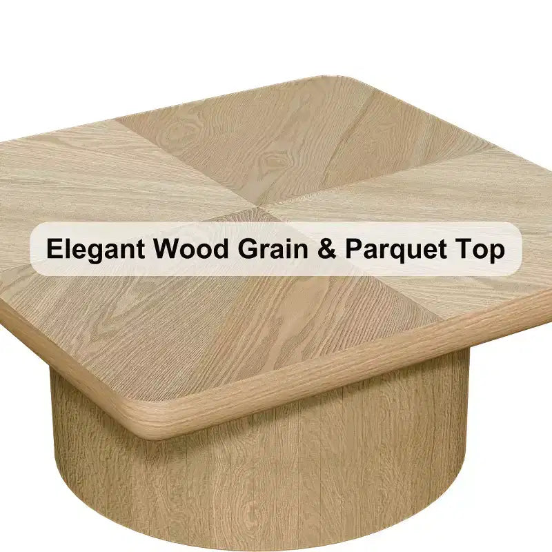 34.6" Modern Square Coffee Table with Pedestal Base, Wood Veneer Top, Sleek Minimalist Center Table for Living Room or Apartment