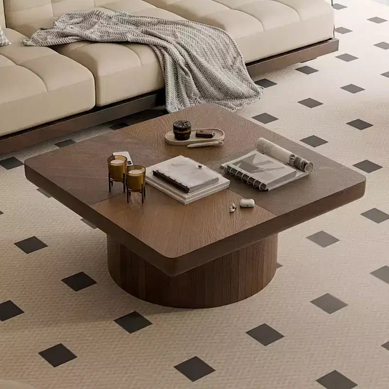 34.6" Modern Square Coffee Table with Pedestal Base, Wood Veneer Top, Sleek Minimalist Center Table for Living Room or Apartment
