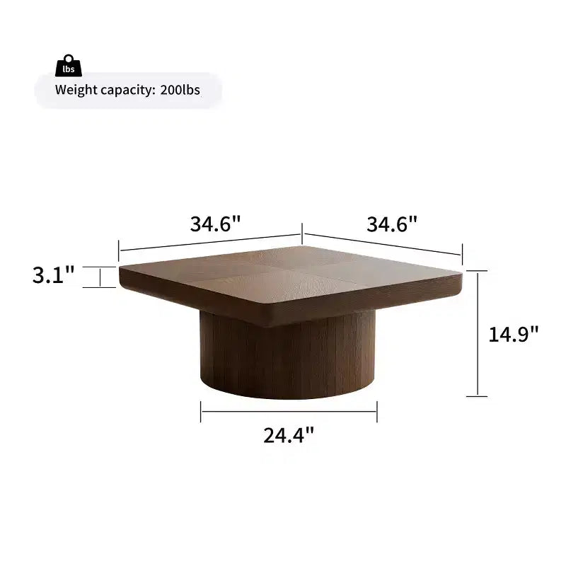 34.6" Modern Square Coffee Table with Pedestal Base, Wood Veneer Top, Sleek Minimalist Center Table for Living Room or Apartment