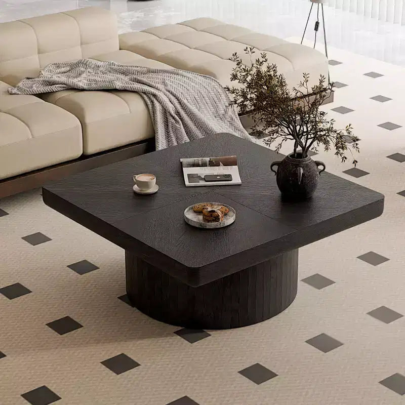 34.6" Modern Square Coffee Table with Pedestal Base, Wood Veneer Top, Sleek Minimalist Center Table for Living Room or Apartment