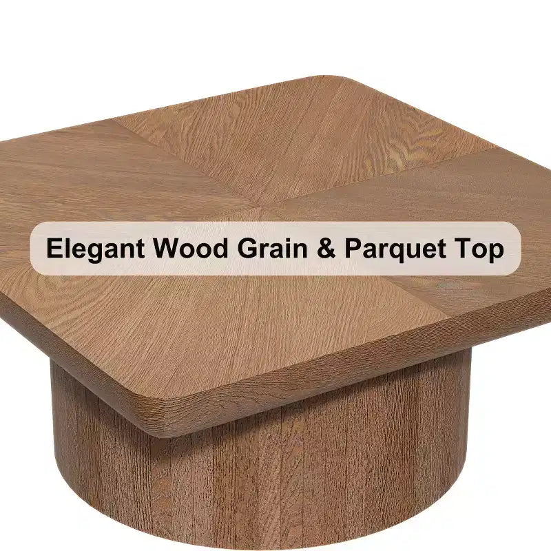 34.6" Modern Square Coffee Table with Pedestal Base, Wood Veneer Top, Sleek Minimalist Center Table for Living Room or Apartment