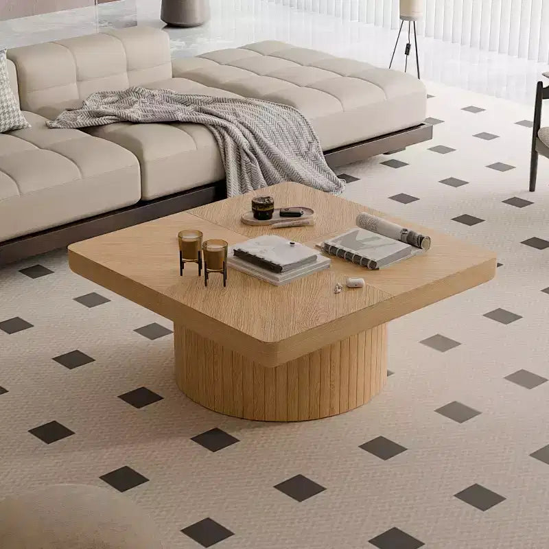 34.6" Modern Square Coffee Table with Pedestal Base, Wood Veneer Top, Sleek Minimalist Center Table for Living Room or Apartment