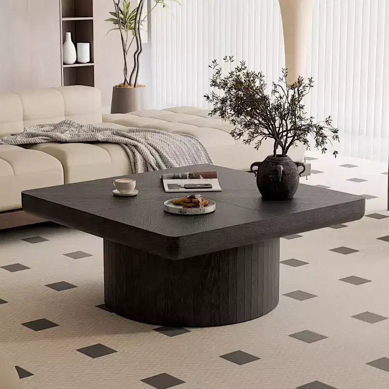 34.6 Modern Square Coffee Table with Pedestal Base, Wood Veneer Top, Sleek Minimalist Center Table for Living Room or Apartment-Panipeachy