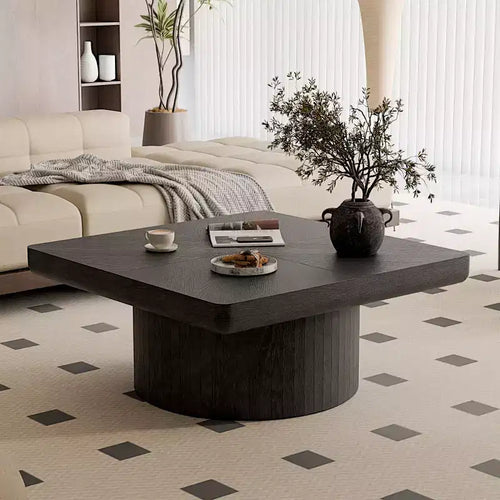 34.6 Modern Square Coffee Table with Pedestal Base, Wood Veneer Top, Sleek Minimalist Center Table for Living Room or Apartment-Panipeachy