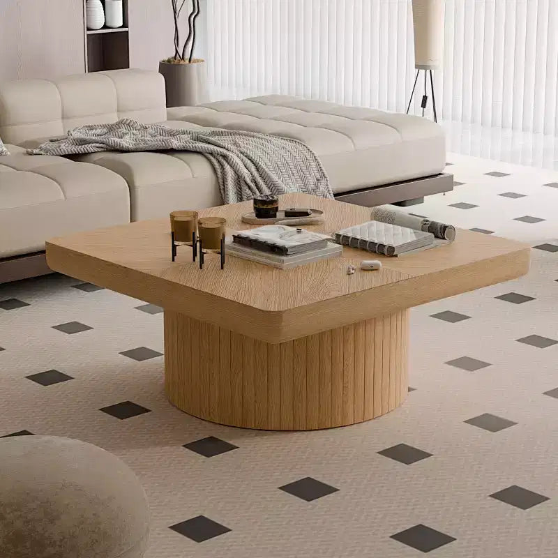 34.6" Modern Square Coffee Table with Pedestal Base, Wood Veneer Top, Sleek Minimalist Center Table for Living Room or Apartment