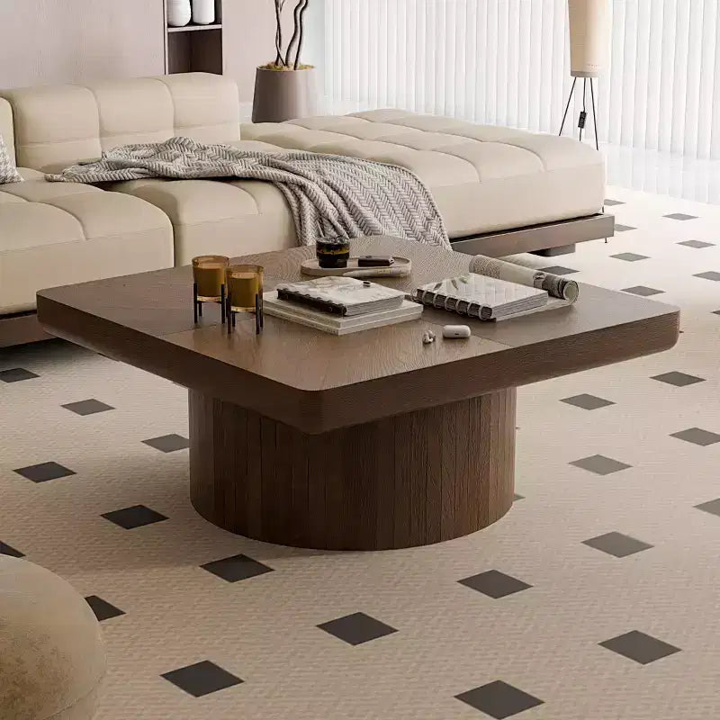 34.6" Modern Square Coffee Table with Pedestal Base, Wood Veneer Top, Sleek Minimalist Center Table for Living Room or Apartment