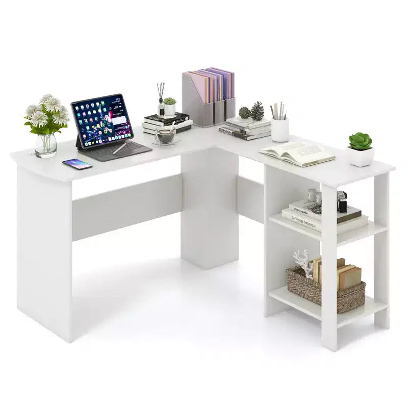 Costway Large L-shaped Computer Desk Modern Home Office Writing Desk Workstation with 2 Cable Holes & 2 Storage Shelves