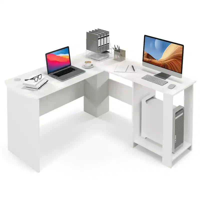 Large L-Shaped Computer Desk, Modern Home Office Writing Desk Workstation with 2 Cable Holes & 2 Storage Shelves
