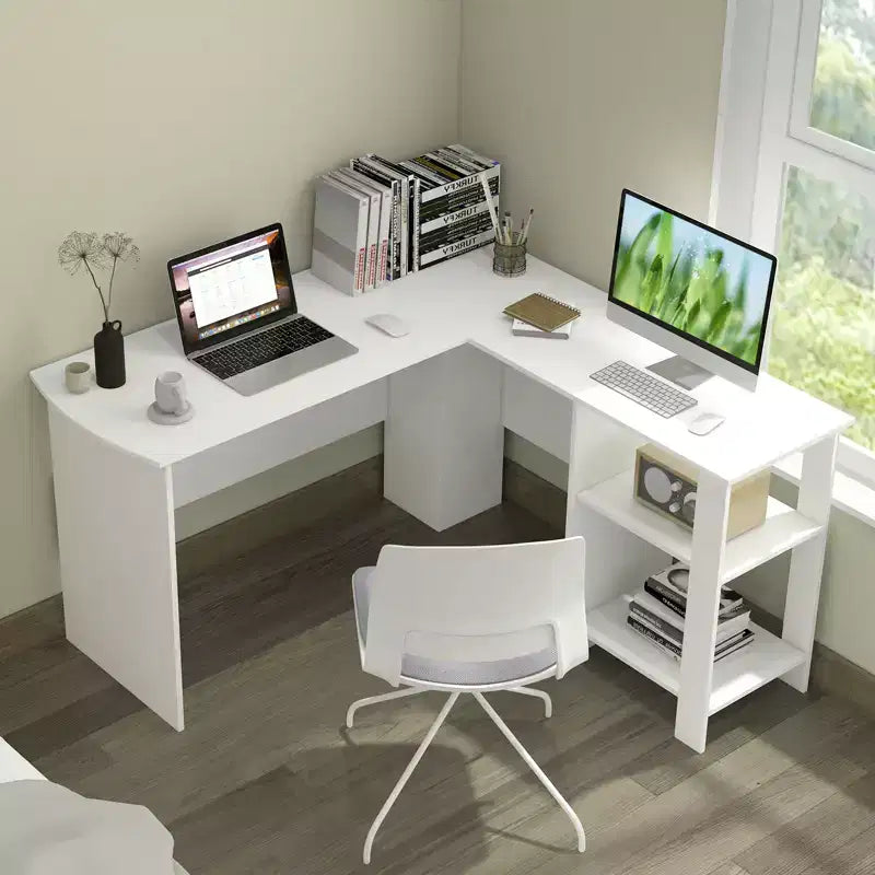 Large L-Shaped Computer Desk, Modern Home Office Writing Desk Workstation with 2 Cable Holes & 2 Storage Shelves
