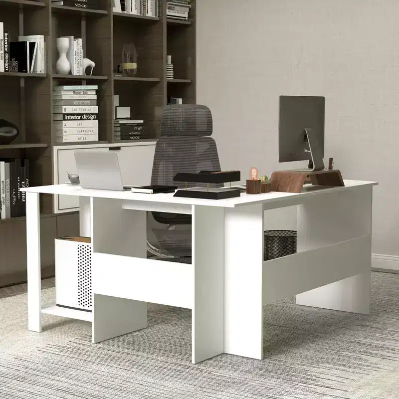Large L-Shaped Computer Desk, Modern Home Office Writing Desk Workstation with 2 Cable Holes & 2 Storage Shelves