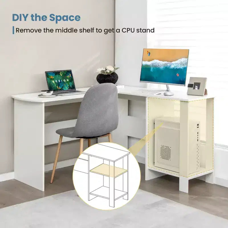 Large L-Shaped Computer Desk, Modern Home Office Writing Desk Workstation with 2 Cable Holes & 2 Storage Shelves