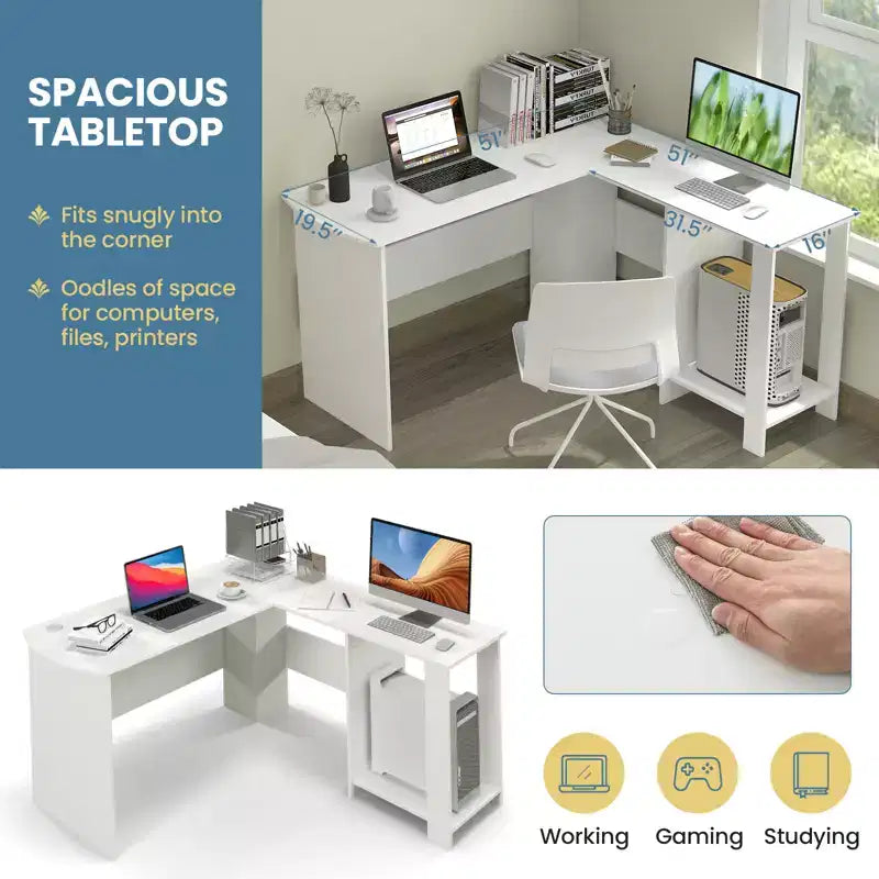 Large L-Shaped Computer Desk, Modern Home Office Writing Desk Workstation with 2 Cable Holes & 2 Storage Shelves