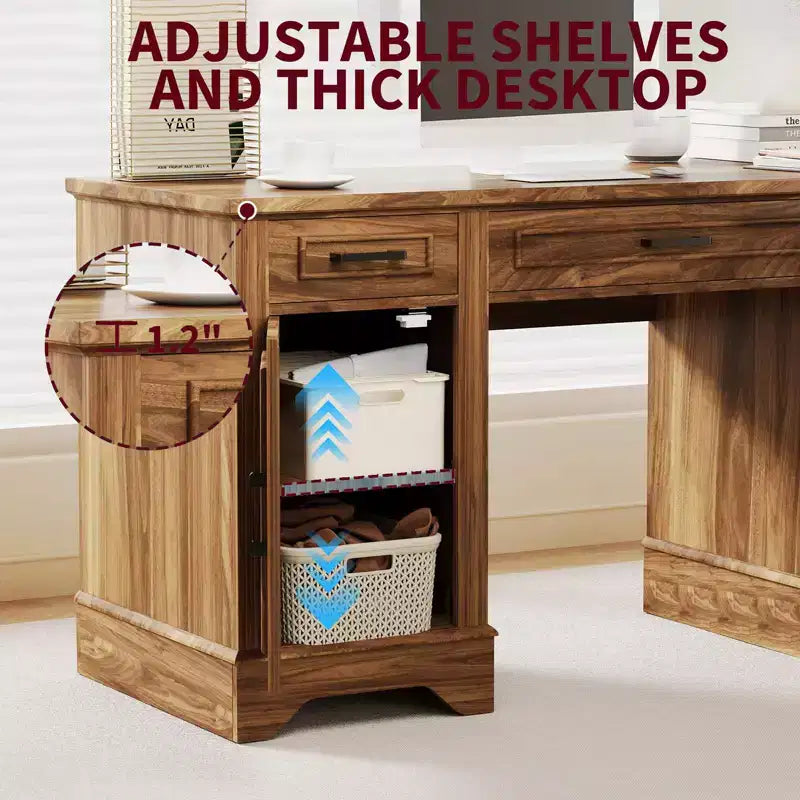Farmhouse Office Desk with Storage, Wooden Writing Desk with Drawers for Home Office and Study