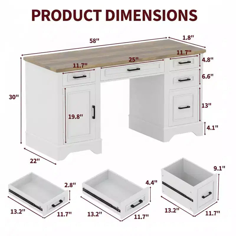 Farmhouse Office Desk with Storage, Wooden Writing Desk with Drawers for Home Office and Study