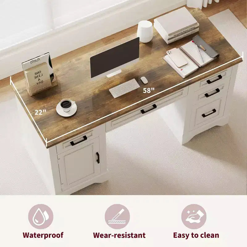 Farmhouse Office Desk with Storage, Wooden Writing Desk with Drawers for Home Office and Study