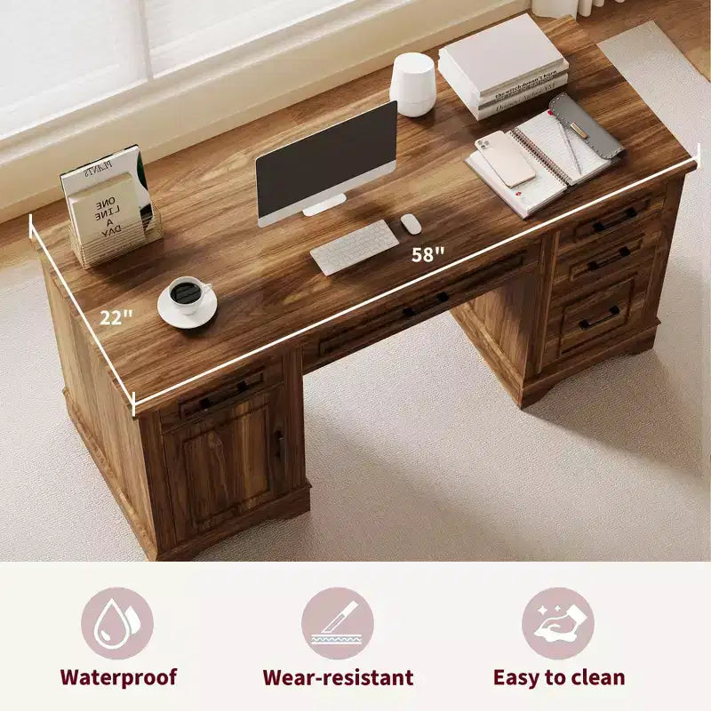 Farmhouse Office Desk with Storage, Wooden Writing Desk with Drawers for Home Office and Study