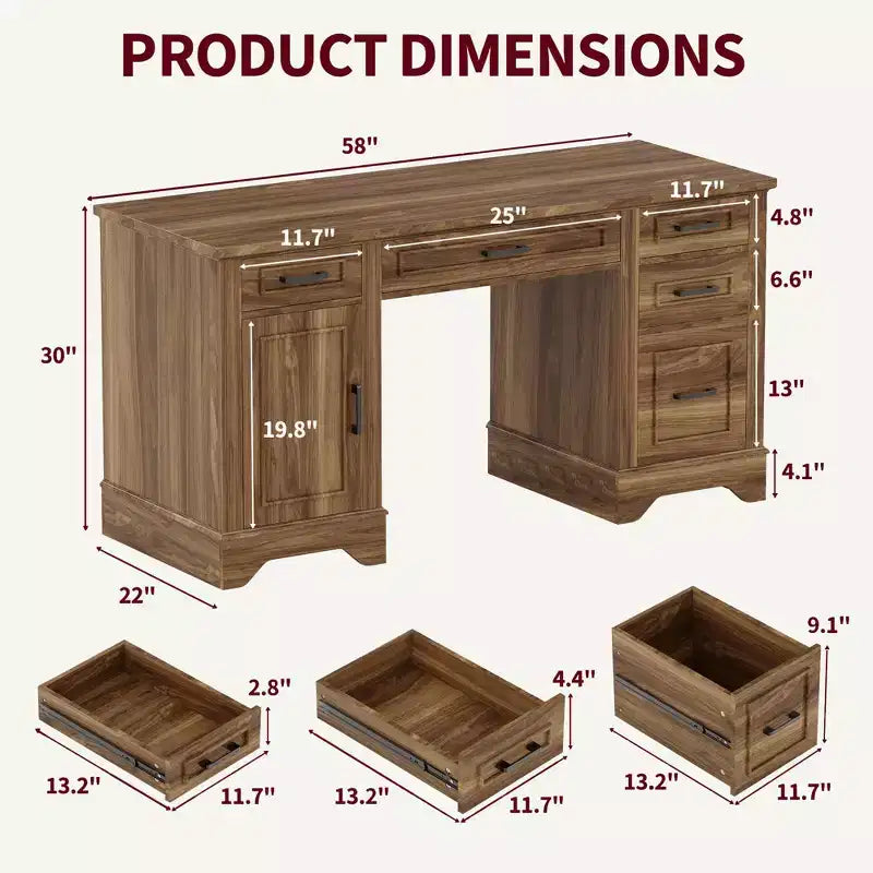 Farmhouse Office Desk with Storage, Wooden Writing Desk with Drawers for Home Office and Study