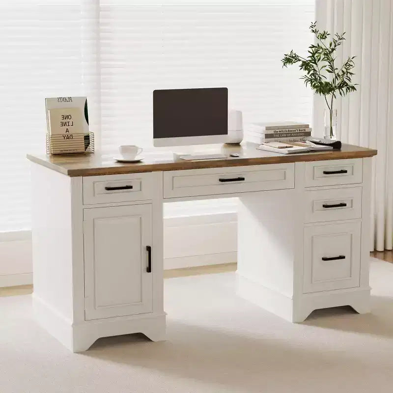 COZONY Farmhouse Office Desk with Storage, Wooden Writing Desk with Drawers for Home Office and Study