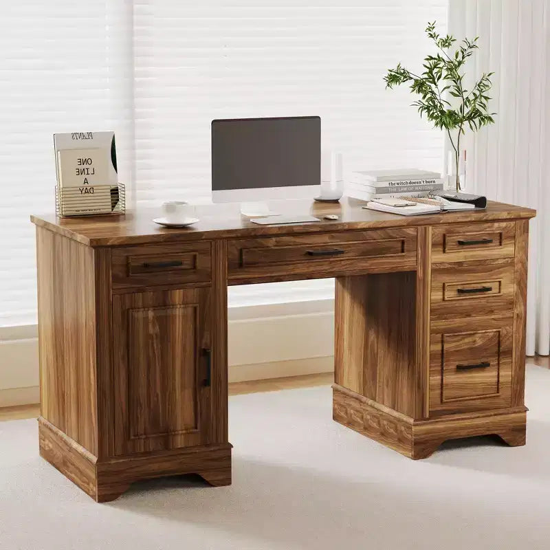 Farmhouse Office Desk with Storage, Wooden Writing Desk with Drawers for Home Office and Study