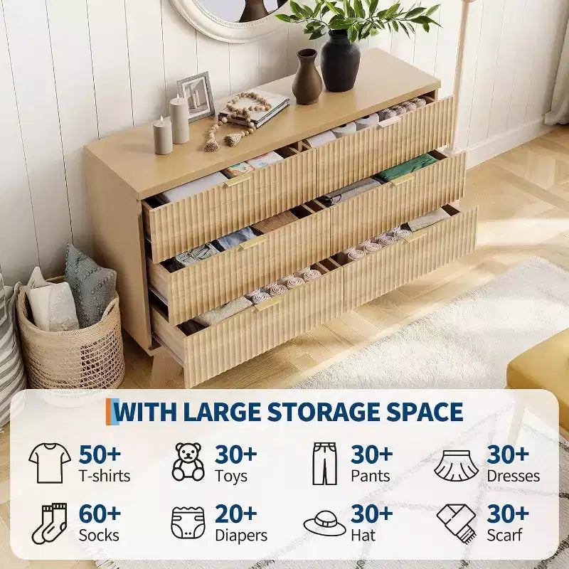 6-drawer Bedroom Dressing Table, 47-inch Wide Mid-modern Style, Dressing Table, Drawer CCabinet, TV Cabinet, Oak Storage and Organization Device