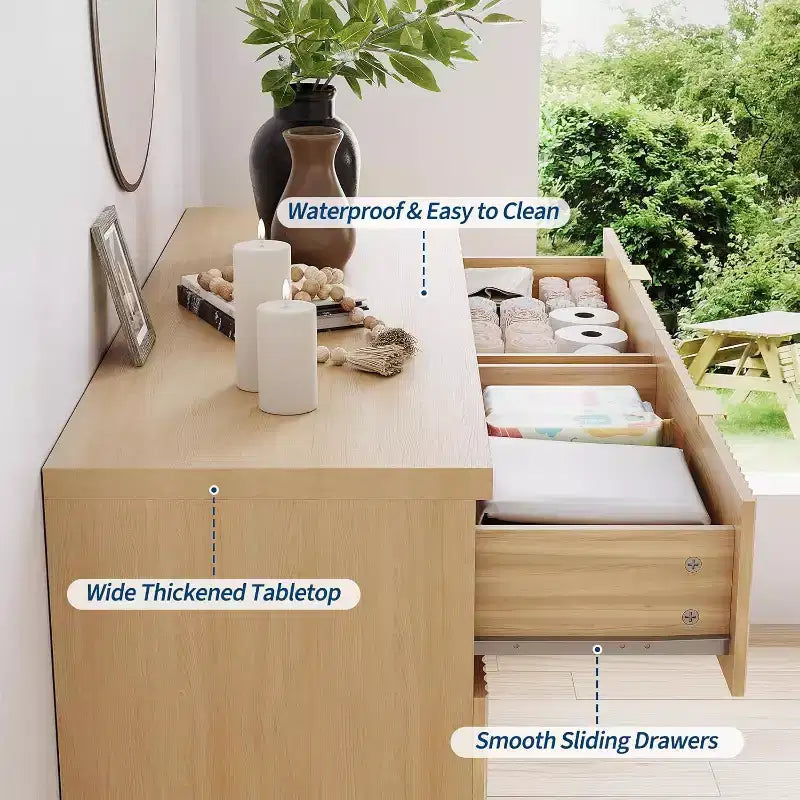 6-drawer Bedroom Dressing Table, 47-inch Wide Mid-modern Style, Dressing Table, Drawer CCabinet, TV Cabinet, Oak Storage and Organization Device