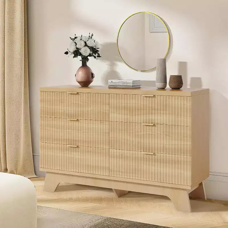 6-drawer Bedroom Dressing Table, 47-inch Wide Mid-modern Style, Dressing Table, Drawer CCabinet, TV Cabinet, Oak Storage and Organization Device