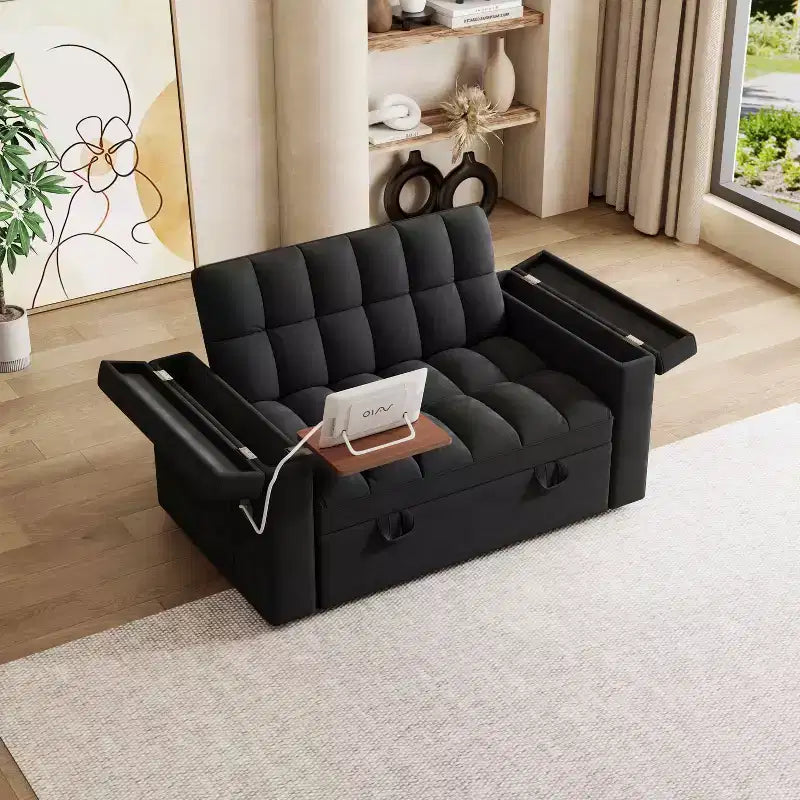 65-inch 3-in-1 Foldable Sofa Bed, Modern Velvet Double Sofa with Adjustable Backrest, Storage, USB Port, Black