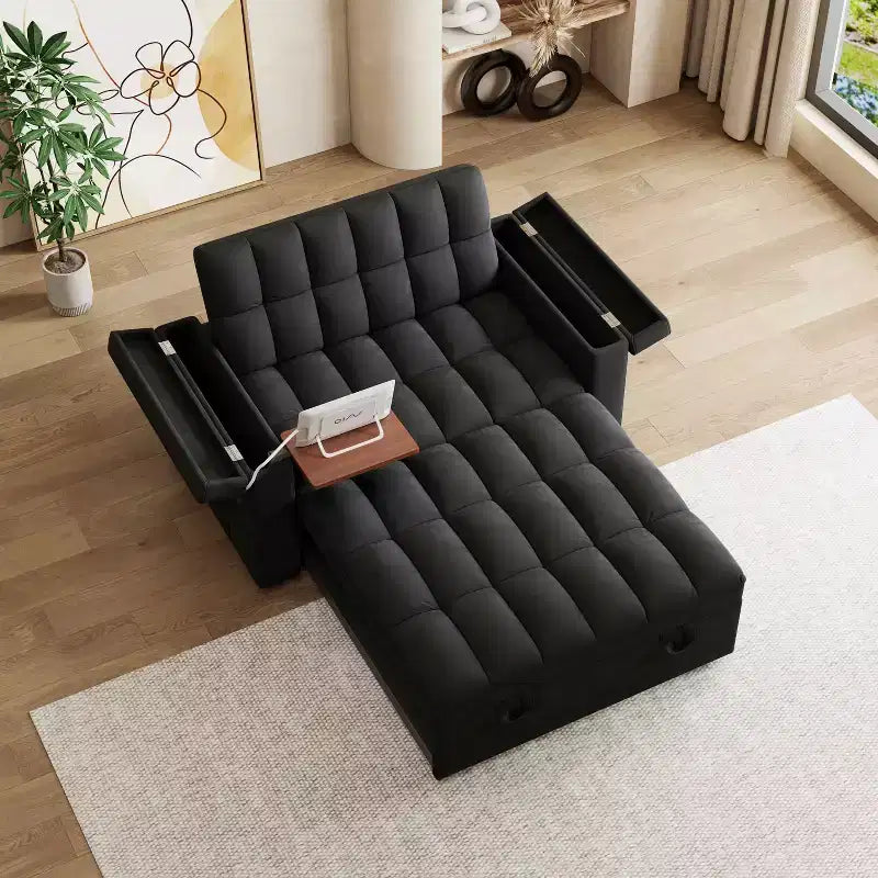 65-inch 3-in-1 Foldable Sofa Bed, Modern Velvet Double Sofa with Adjustable Backrest, Storage, USB Port, Black