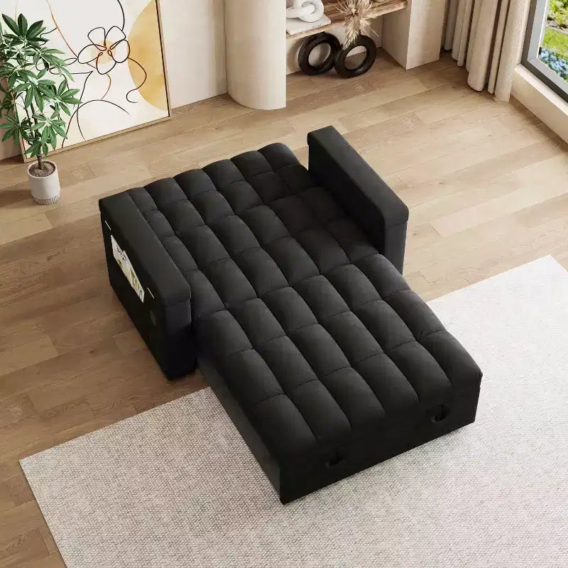 65-inch 3-in-1 Foldable Sofa Bed, Modern Velvet Double Sofa with Adjustable Backrest, Storage, USB Port, Black