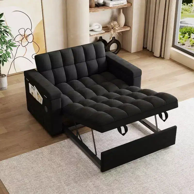 65-inch 3-in-1 Foldable Sofa Bed, Modern Velvet Double Sofa with Adjustable Backrest, Storage, USB Port, Black