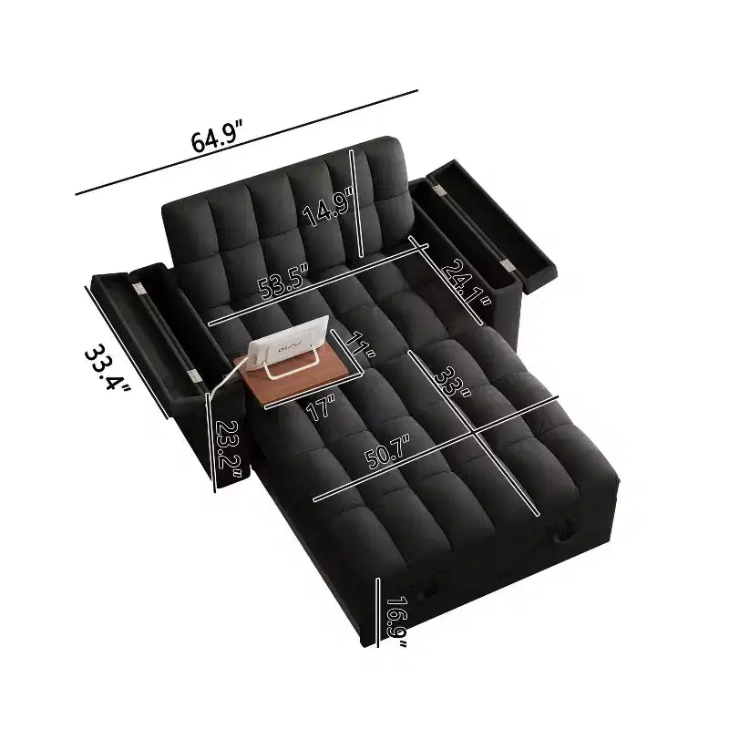 65-inch 3-in-1 Foldable Sofa Bed, Modern Velvet Double Sofa with Adjustable Backrest, Storage, USB Port, Black