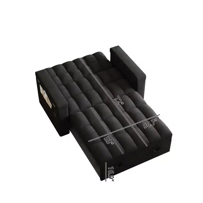 65-inch 3-in-1 Foldable Sofa Bed, Modern Velvet Double Sofa with Adjustable Backrest, Storage, USB Port, Black