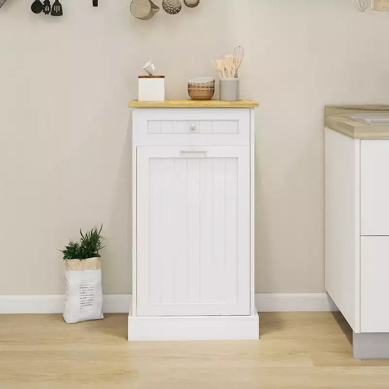 Tilt Out Trash Can Cabinet, 10 Gallon Wooden Laundry Laundry Hamper, Hidden Trash Garbage Can Bin Cabinet for Kitchen Bathroom Living Room White
