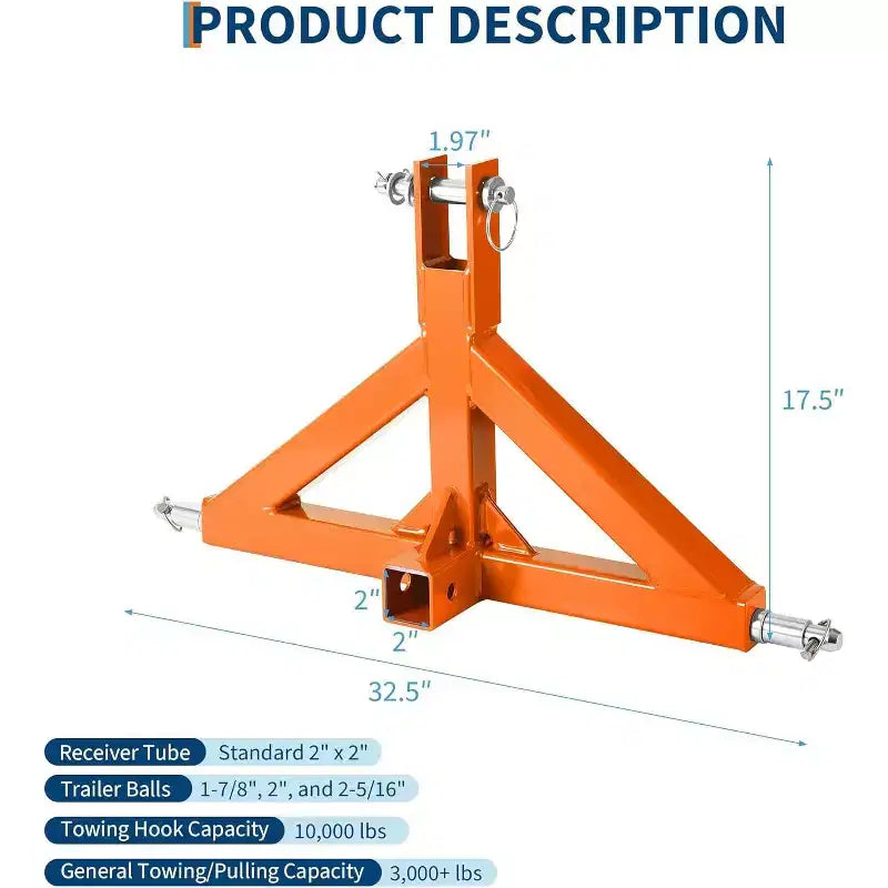 3-point 10,000-pound Towing Hook, Equipped with a 2-inch Towing Machine, Fast Towing, Suitable for Trailers and Towing Vehicles, Orange