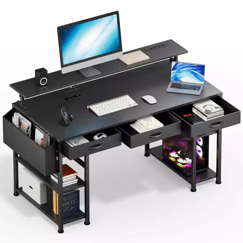 KOLIGEY Black Gaming Desk with LED Lights and Power Outlets, 55 Inch Computer Desk with 3 Drawers and Adjustable Monitor Stand
