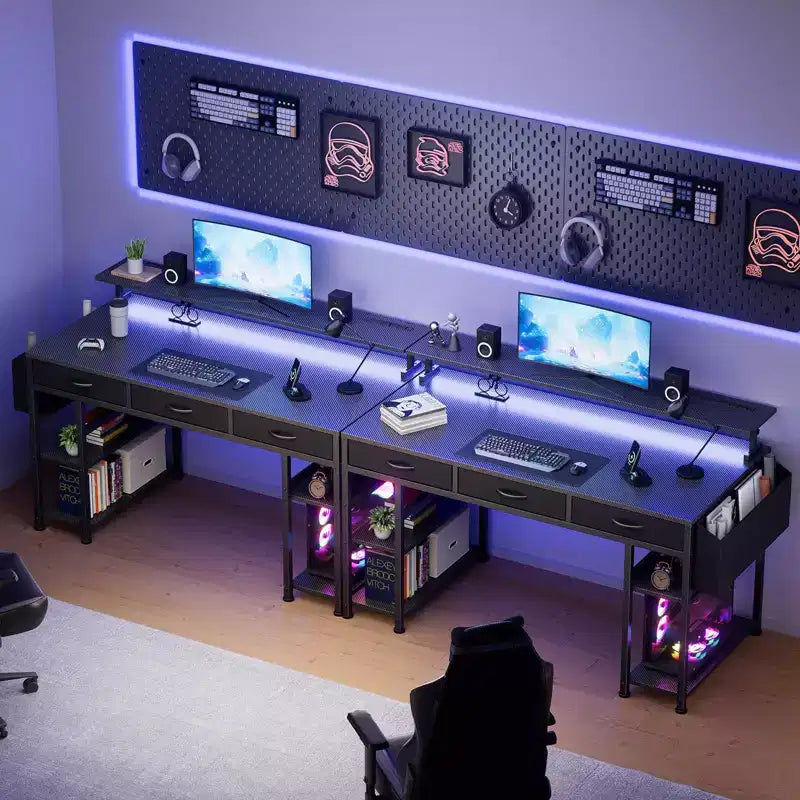 Black Gaming Desk with LED Lights and Power Outlets, 55 Inch Computer Desk with 3 Drawers and Adjustable Monitor Stand