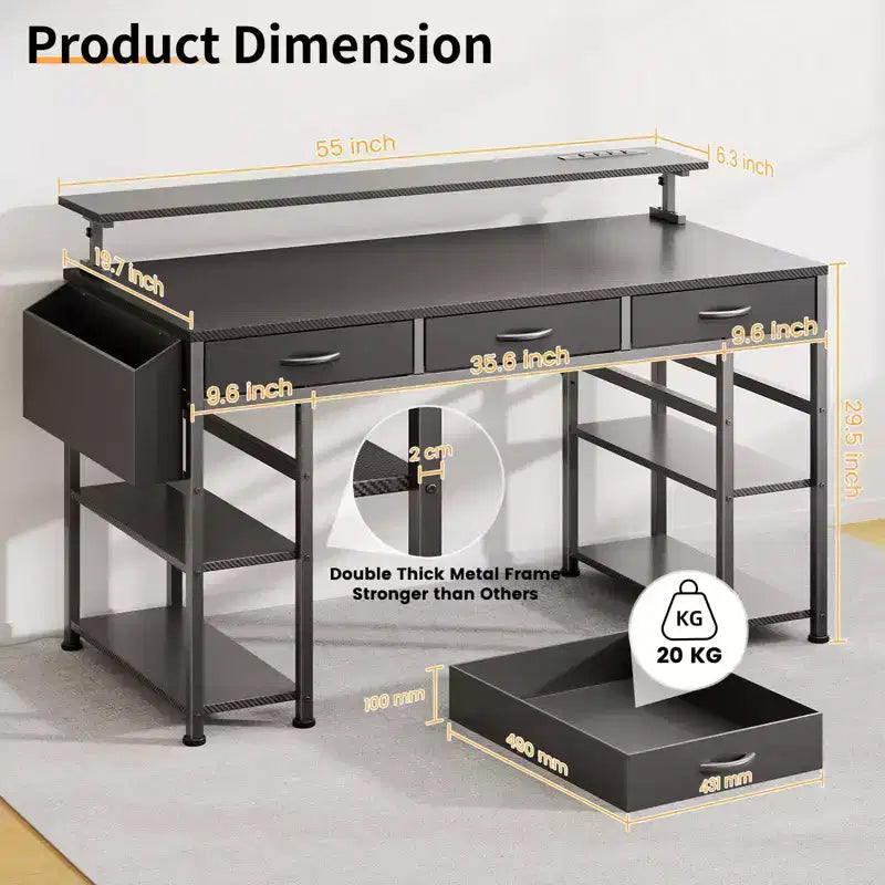 Black Gaming Desk with LED Lights and Power Outlets, 55 Inch Computer Desk with 3 Drawers and Adjustable Monitor Stand