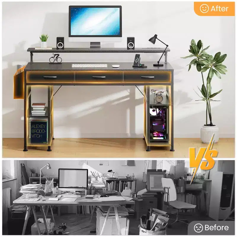 Black Gaming Desk with LED Lights and Power Outlets, 55 Inch Computer Desk with 3 Drawers and Adjustable Monitor Stand