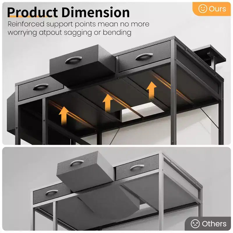 Black Gaming Desk with LED Lights and Power Outlets, 55 Inch Computer Desk with 3 Drawers and Adjustable Monitor Stand