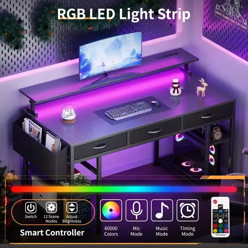 Black Gaming Desk with LED Lights and Power Outlets, 55 Inch Computer Desk with 3 Drawers and Adjustable Monitor Stand