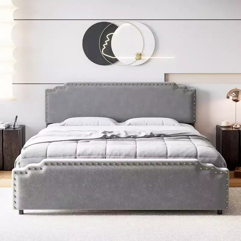 King Bed Frame with Rivet Decorate Headboard and Tailboard,Platform Metal Bed Frame with Velvet Upholstered Headboard,No Box Spring Needed,Grey