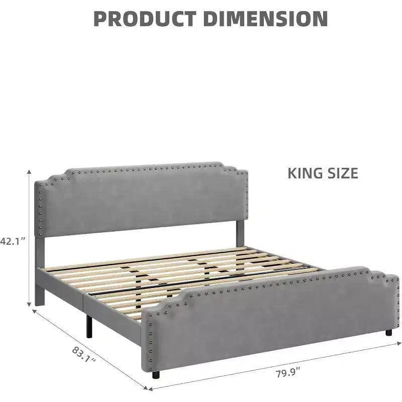 King Bed Frame with Rivet Decorate Headboard and Tailboard,Platform Metal Bed Frame with Velvet Upholstered Headboard,No Box Spring Needed,Grey